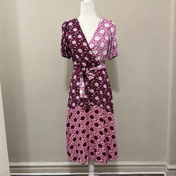Ann taylor multi print pattern wrap dress, pink lavender purple burgundy - Picture 1 of 11